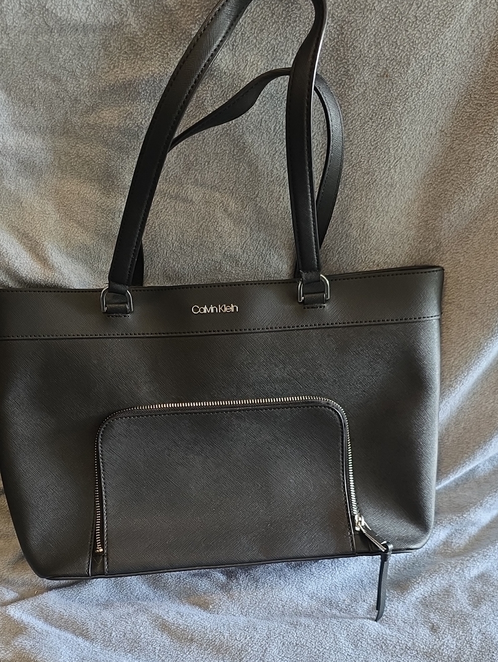 Calvin Klein Black Leather-Look Tote with Front Zip Pocket